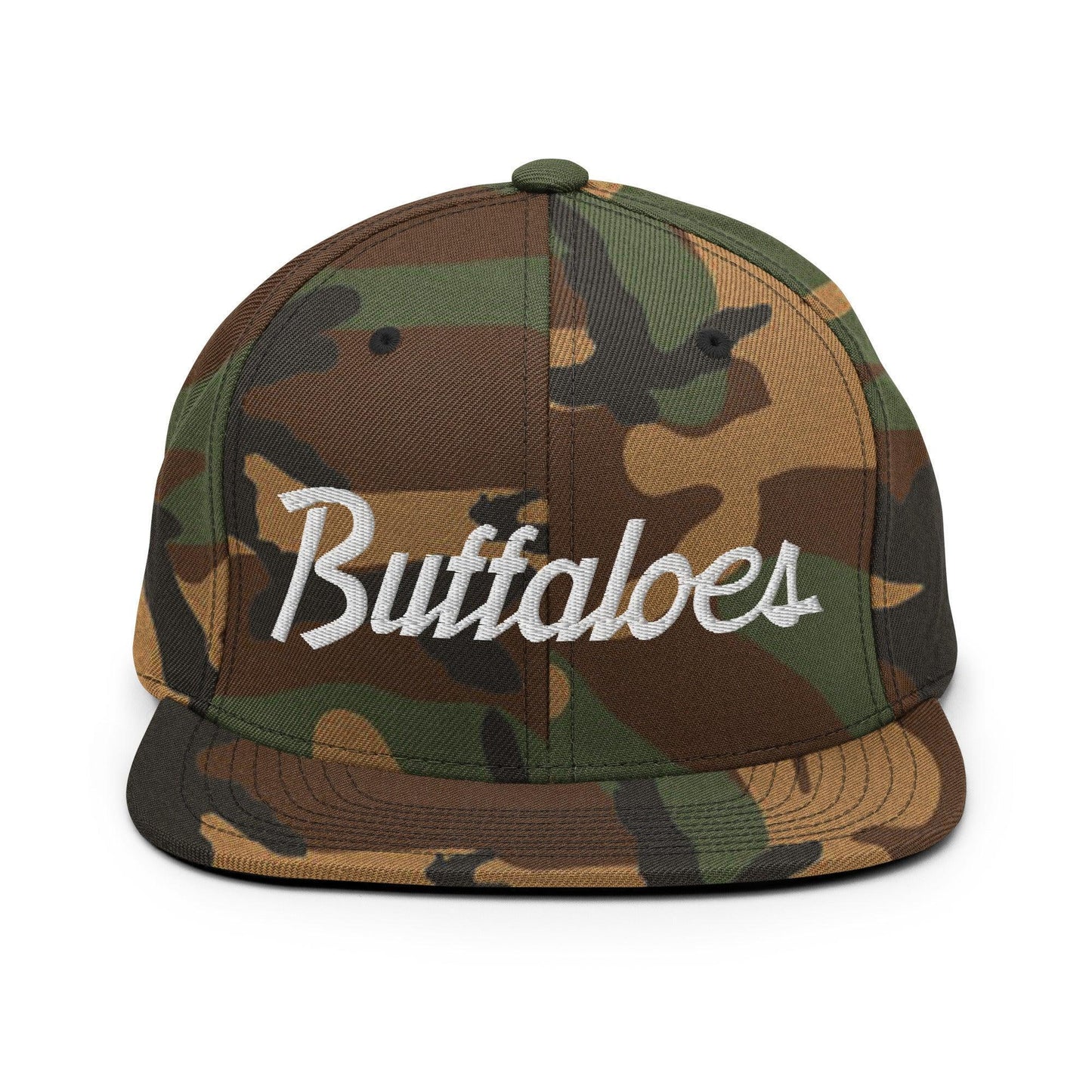 Buffaloes School Mascot Script Snapback Hat Green Camo