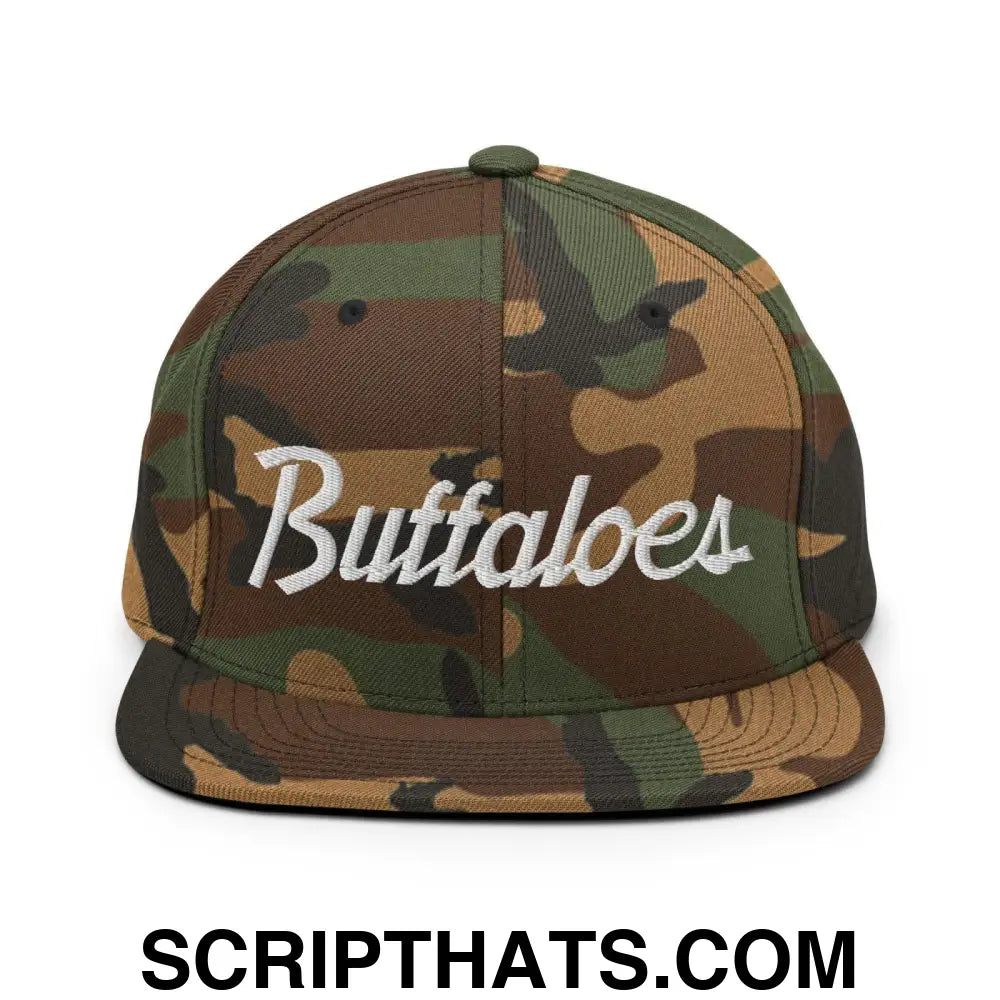 Buffaloes School Mascot Script Snapback Hat Green Camo