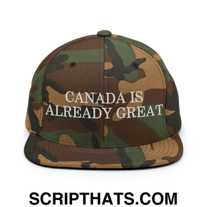 Canada is Already Great Embroidered Flat Bill Brim Snapback Hat Green Camo