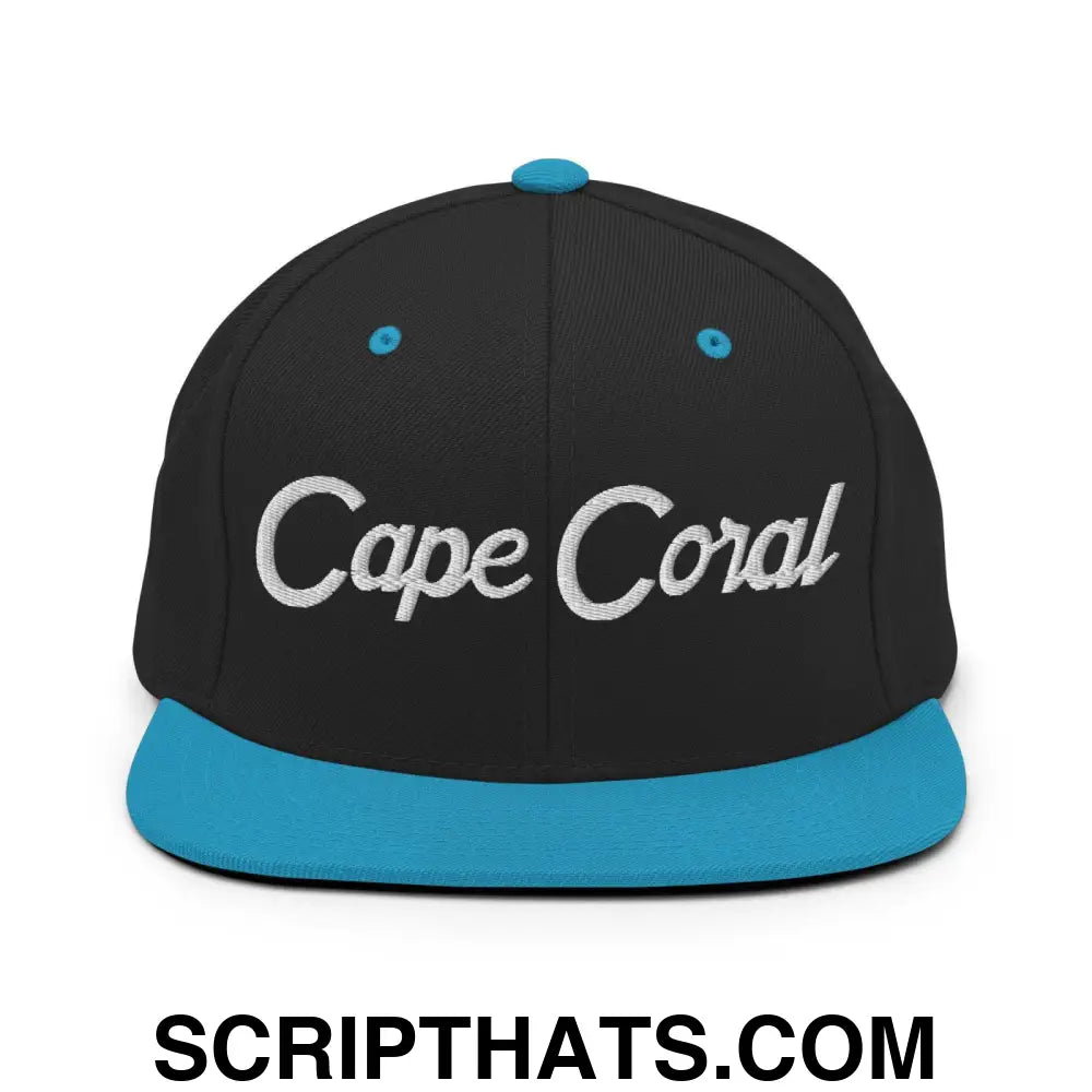 Cape Coral Script Snapback Hat Black Teal