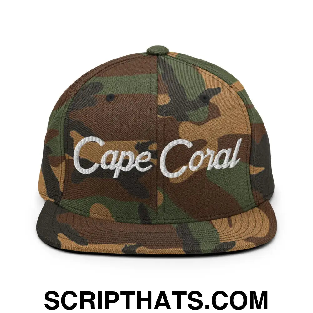 Cape Coral Script Snapback Hat Green Camo