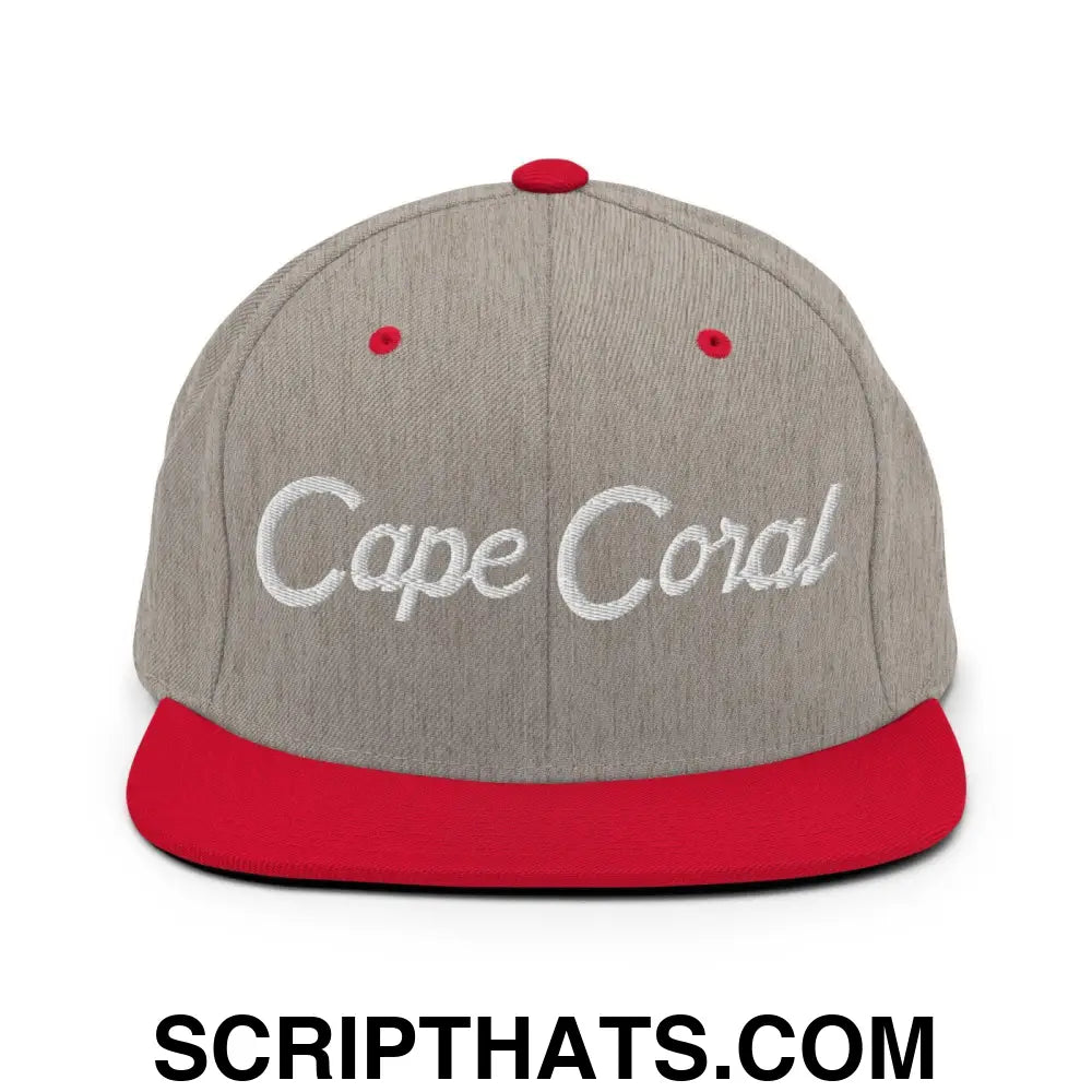 Cape Coral Script Snapback Hat Heather Grey Red