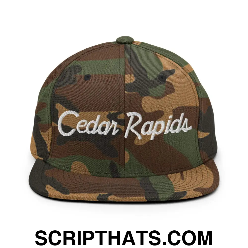 Cedar Rapids Script Snapback Hat Green Camo