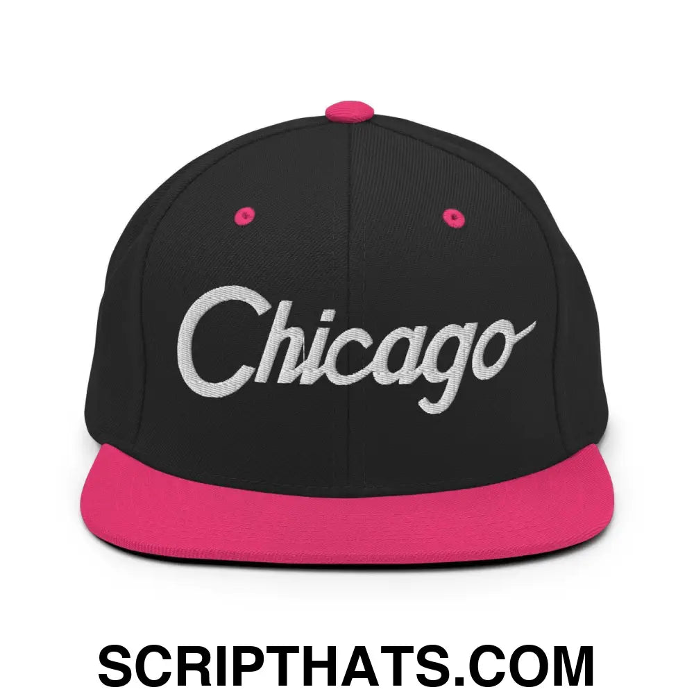 Chicago Script Snapback Hat Black Neon Pink