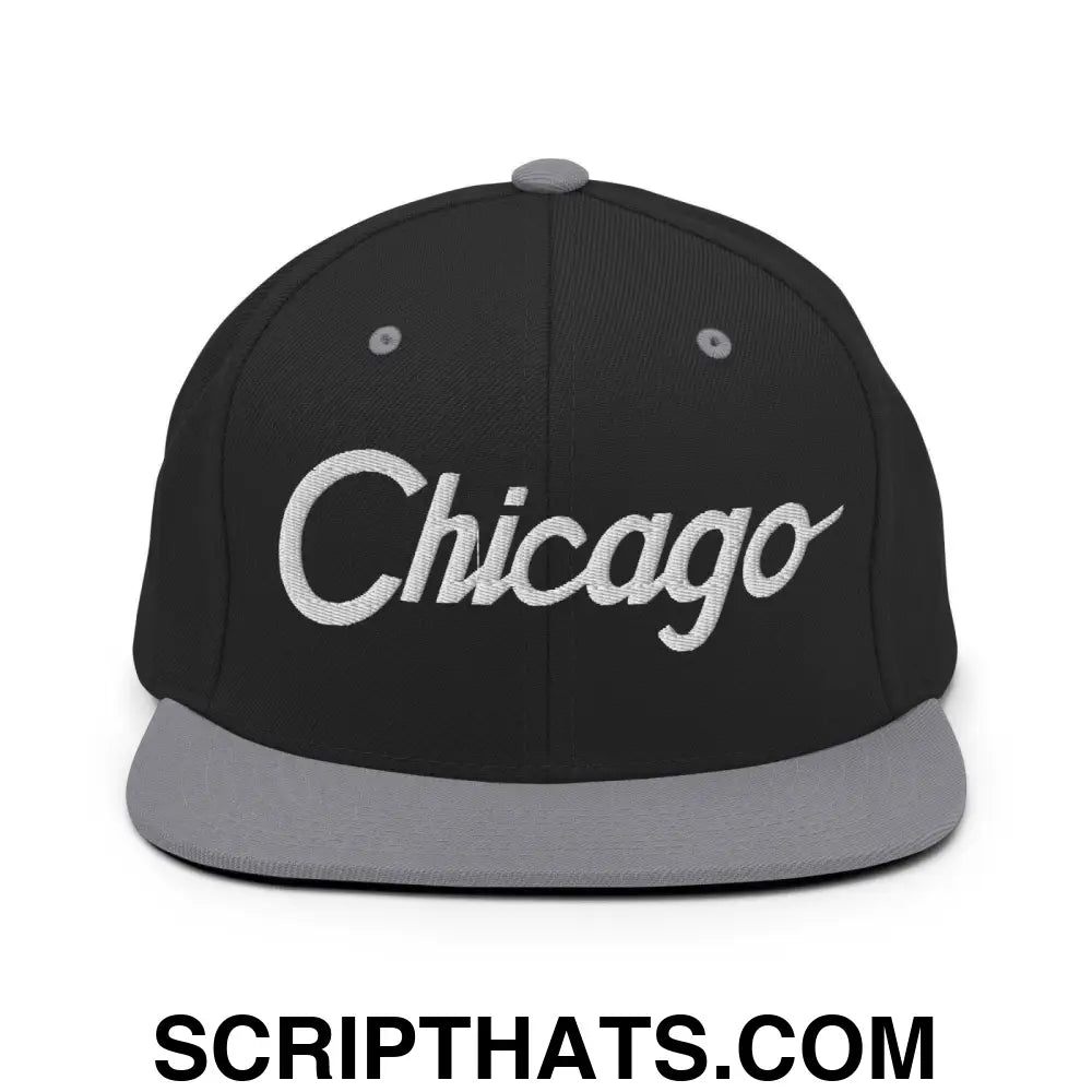 Chicago Script Snapback Hat Black Silver