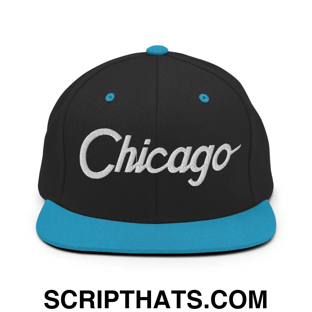 Chicago Script Snapback Hat Black Teal