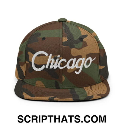 Chicago Script Snapback Hat Green Camo