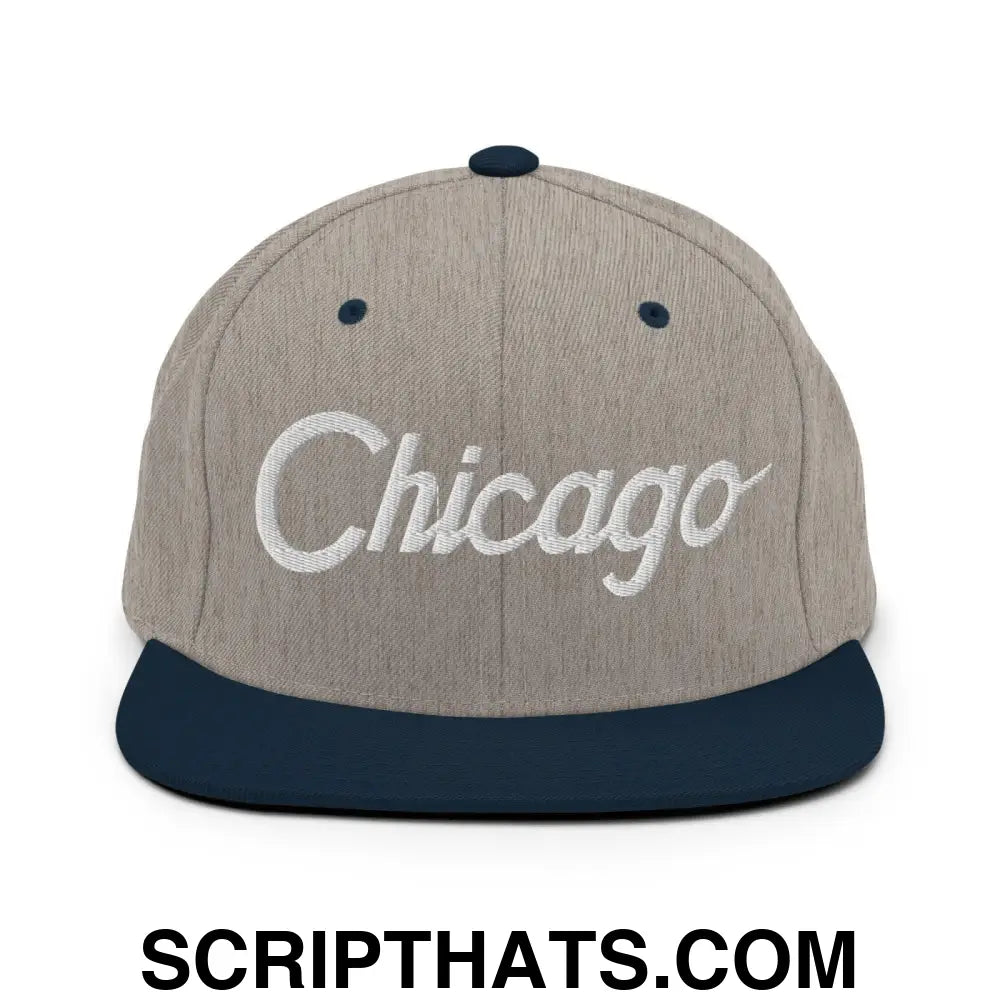 Chicago Script Snapback Hat Heather Grey Navy