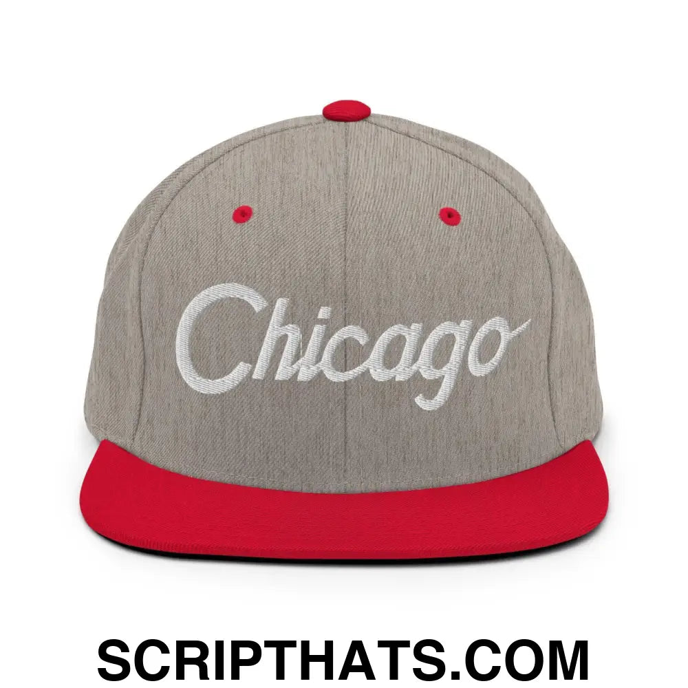 Chicago Script Snapback Hat Heather Grey Red