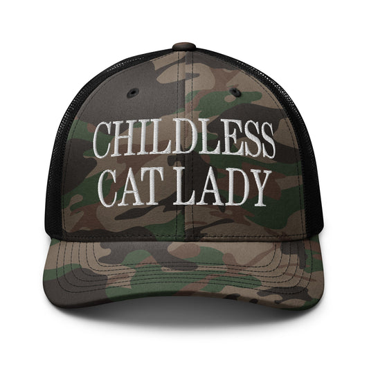 Childless Cat Lady Camo Trucker Hat Camo/Black by Script Hats | Script Hats