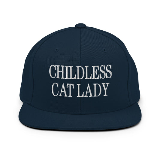 Childless Cat Lady Flat Bill Brim Snapback Hat Dark Navy by Script Hats | Script Hats