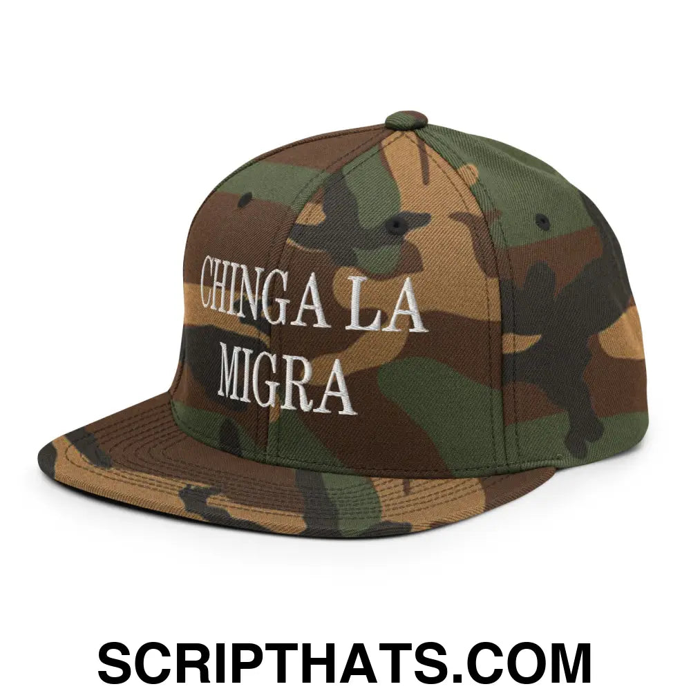 Chinga La Migra Embroidered Flat Bill Brim Snapback Hat Green Camo