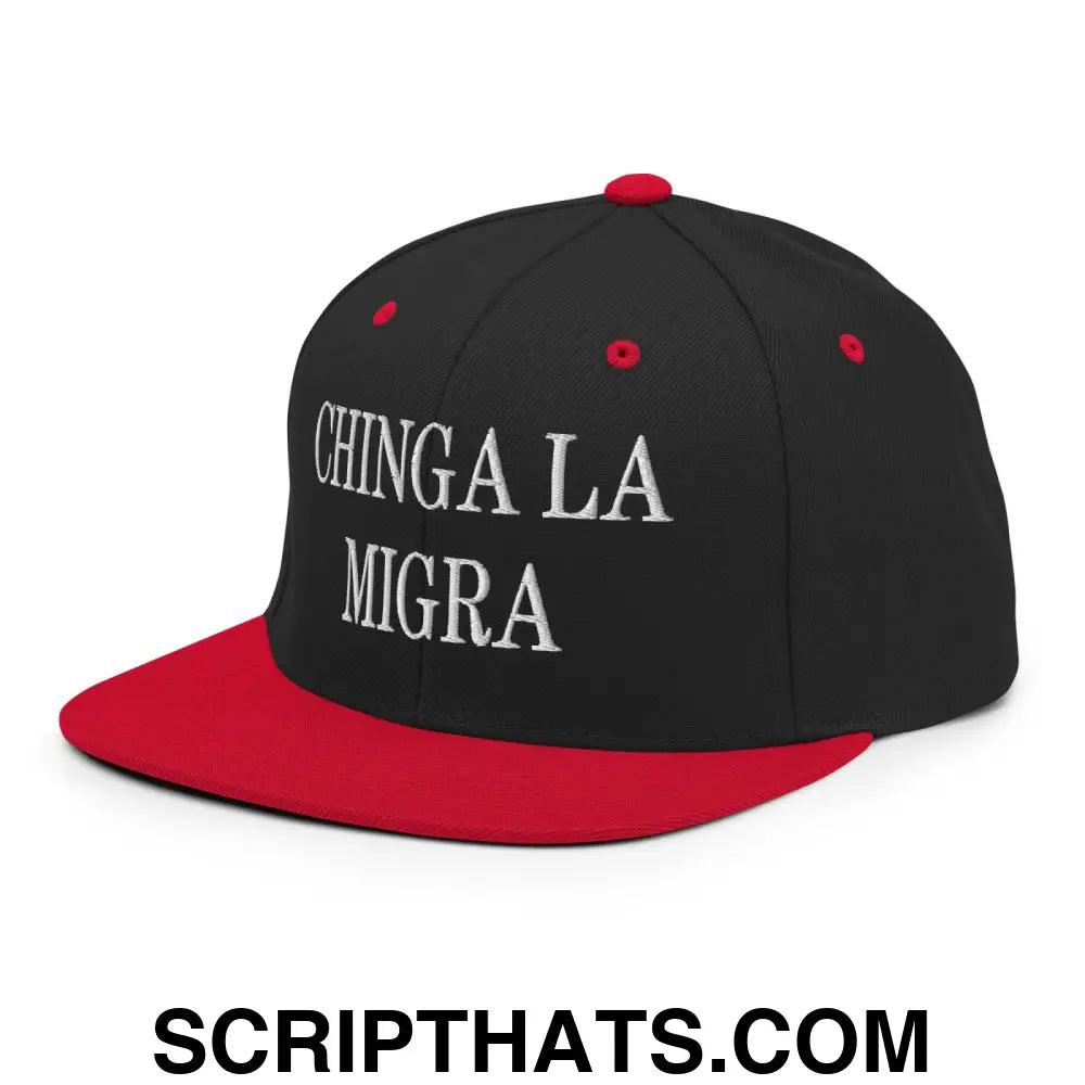 Chinga La Migra Embroidered Flat Bill Brim Snapback Hat Black Red