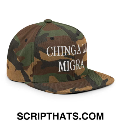 Chinga La Migra Embroidered Flat Bill Brim Snapback Hat Green Camo