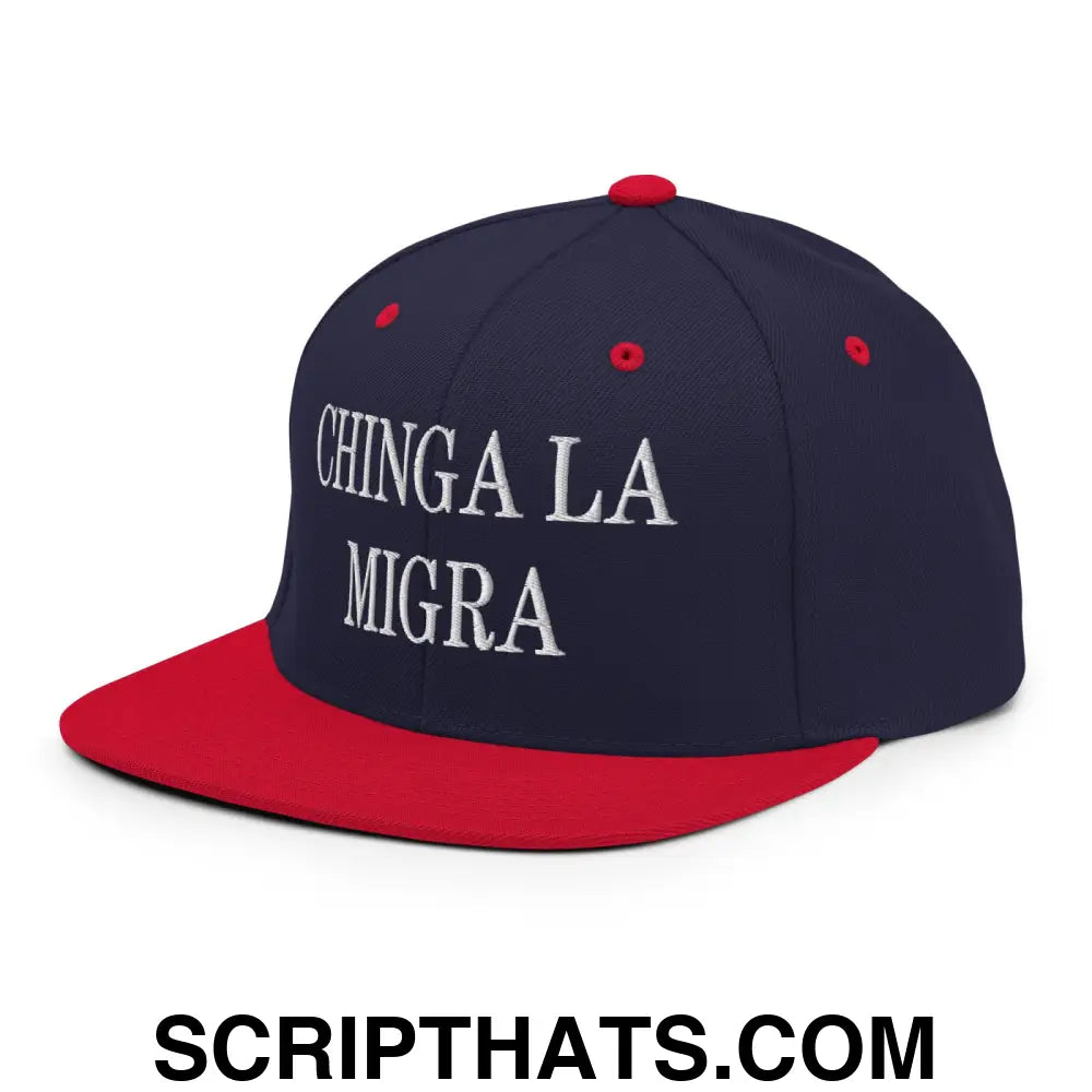 Chinga La Migra Embroidered Flat Bill Brim Snapback Hat Navy Red