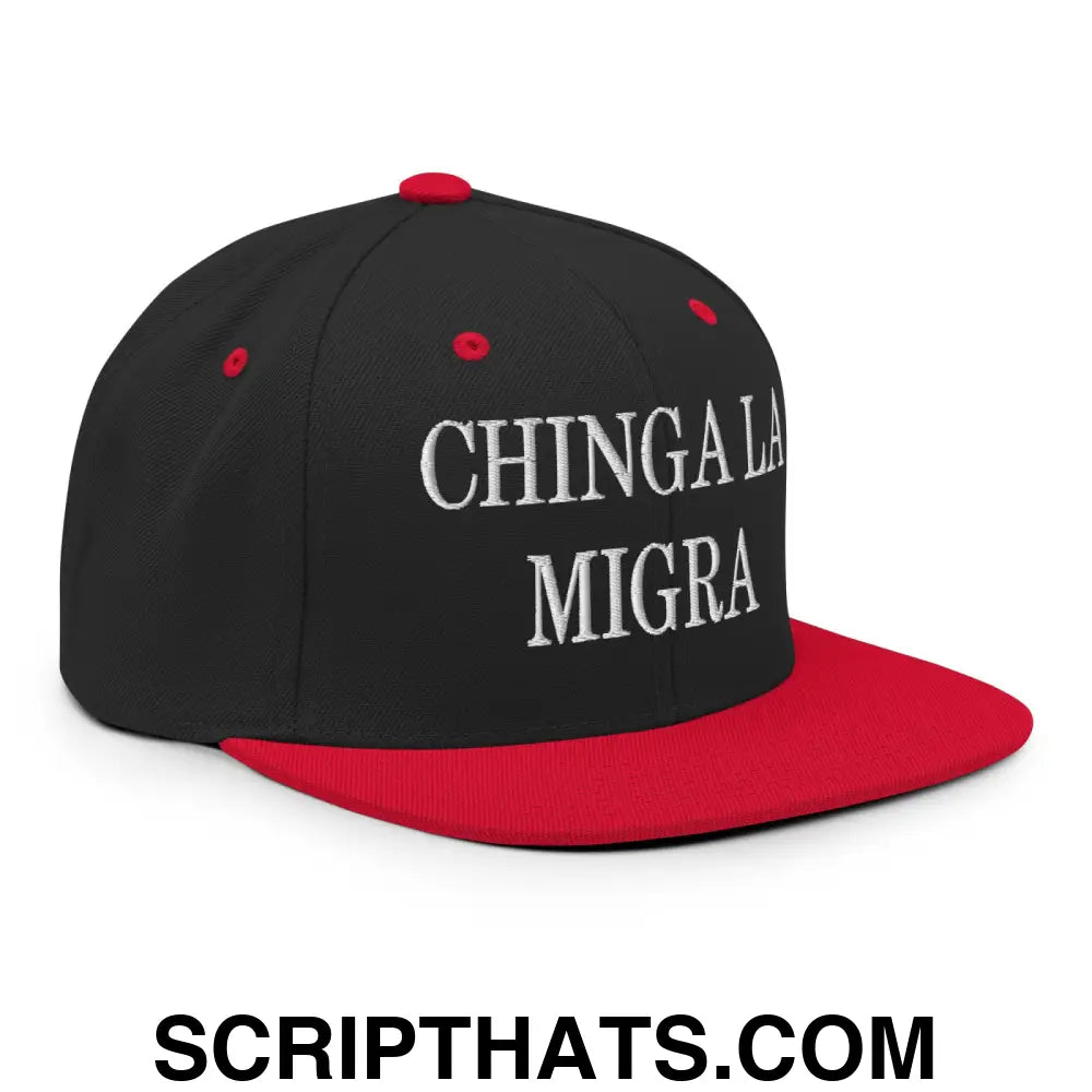 Chinga La Migra Embroidered Flat Bill Brim Snapback Hat Black Red