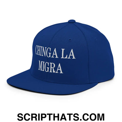 Chinga La Migra Embroidered Flat Bill Brim Snapback Hat Royal Blue