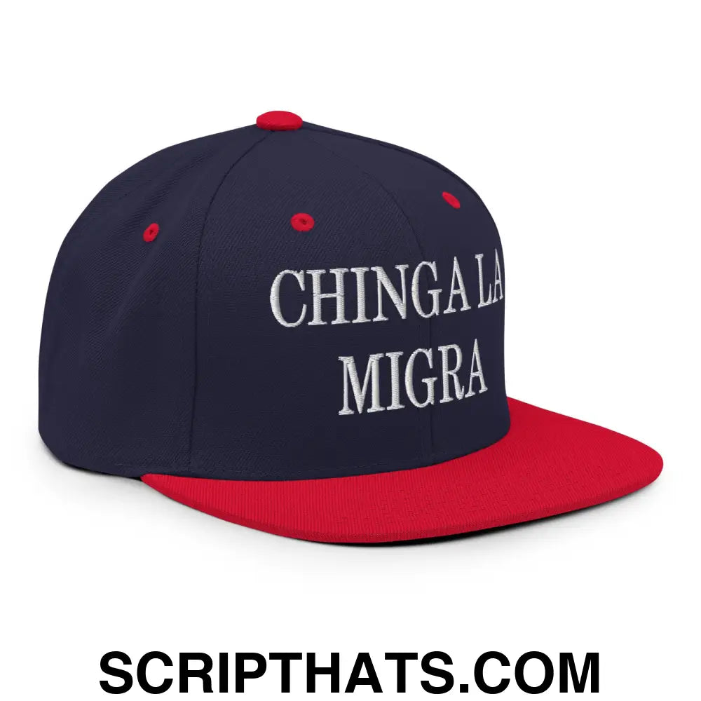 Chinga La Migra Embroidered Flat Bill Brim Snapback Hat Navy Red