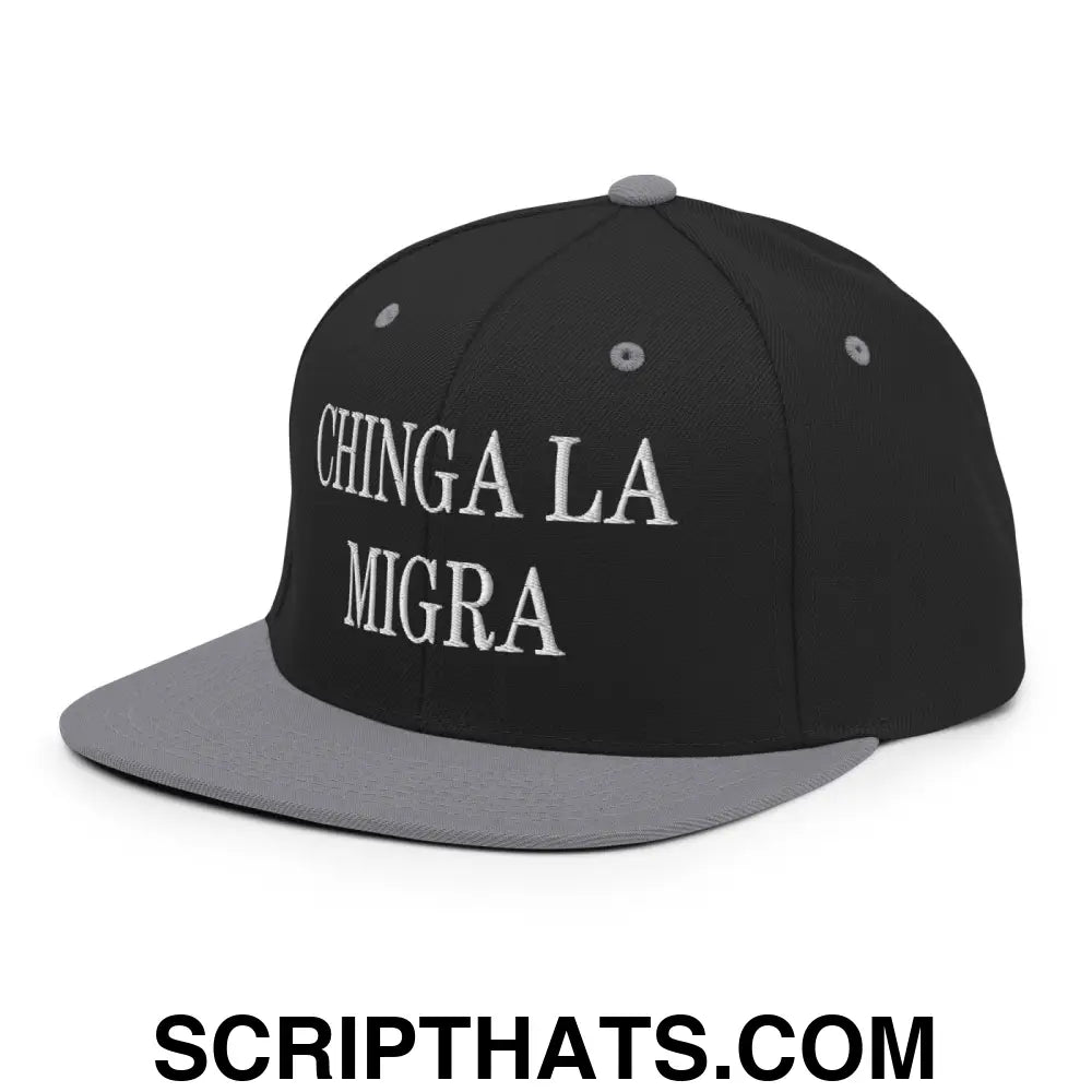 Chinga La Migra Embroidered Flat Bill Brim Snapback Hat Black Silver