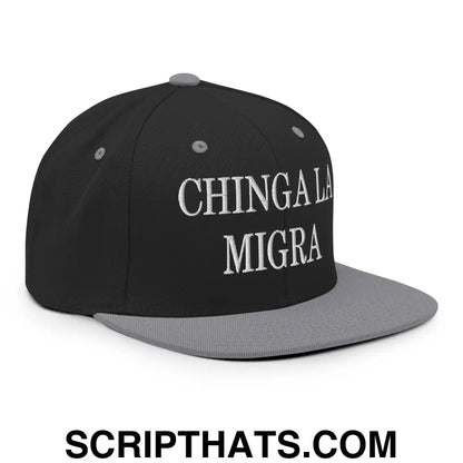 Chinga La Migra Embroidered Flat Bill Brim Snapback Hat Black Silver