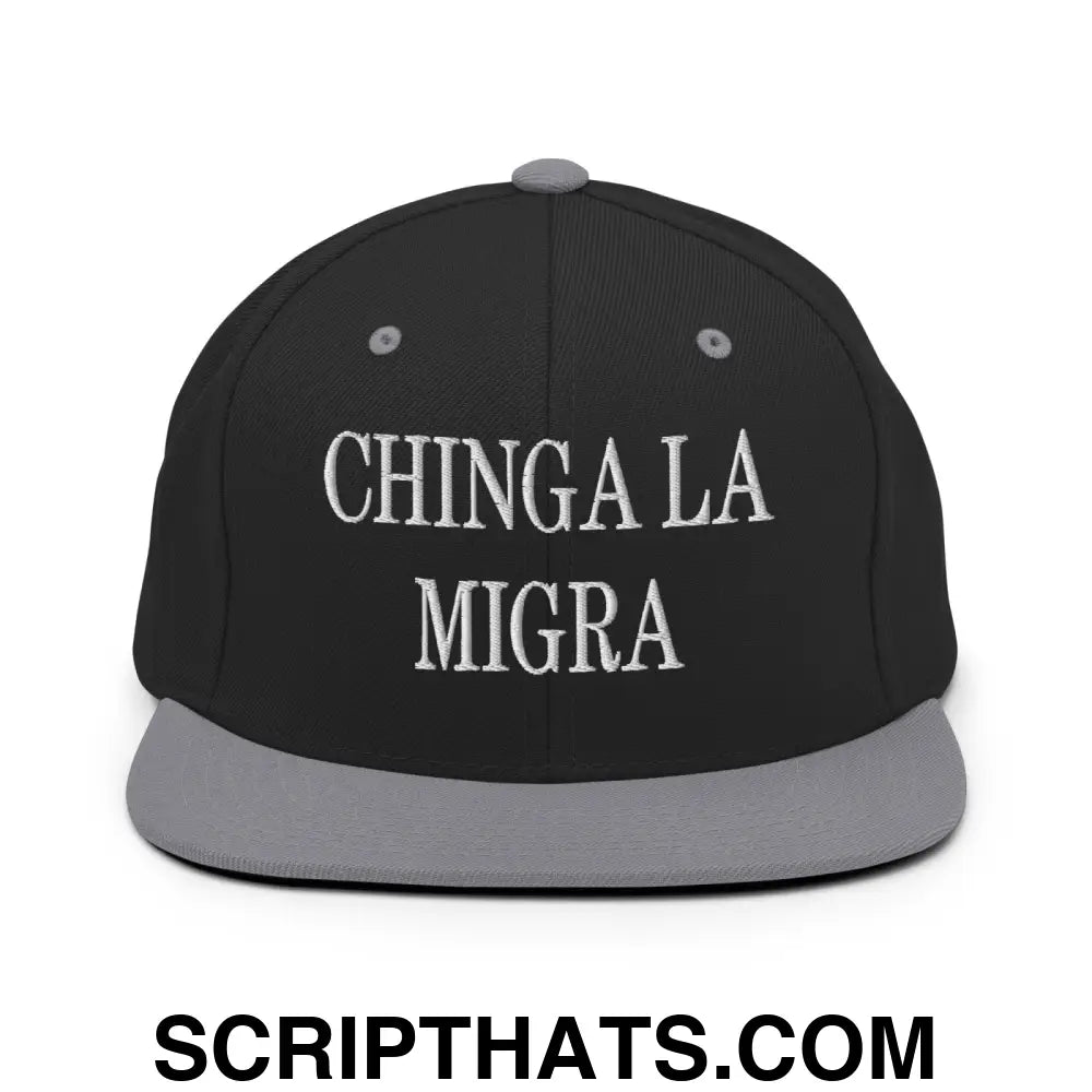 Chinga La Migra Embroidered Flat Bill Brim Snapback Hat Black Silver