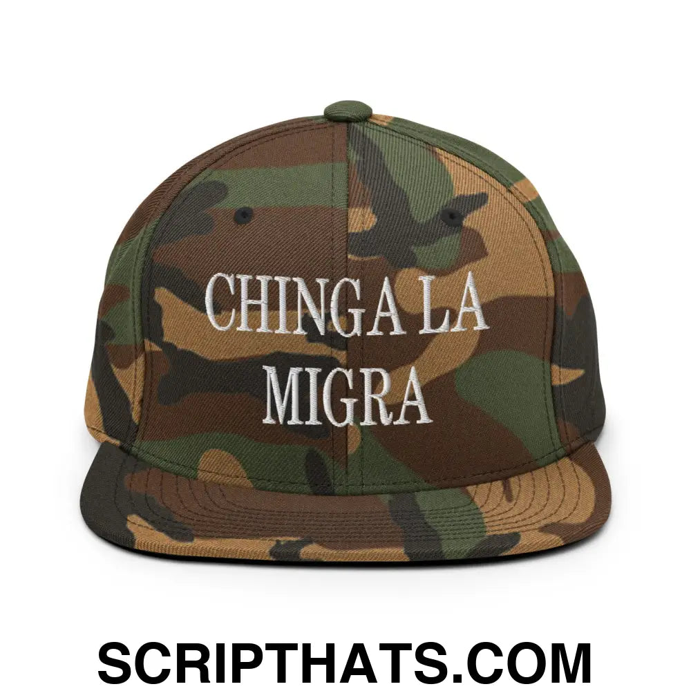 Chinga La Migra Embroidered Flat Bill Brim Snapback Hat Green Camo