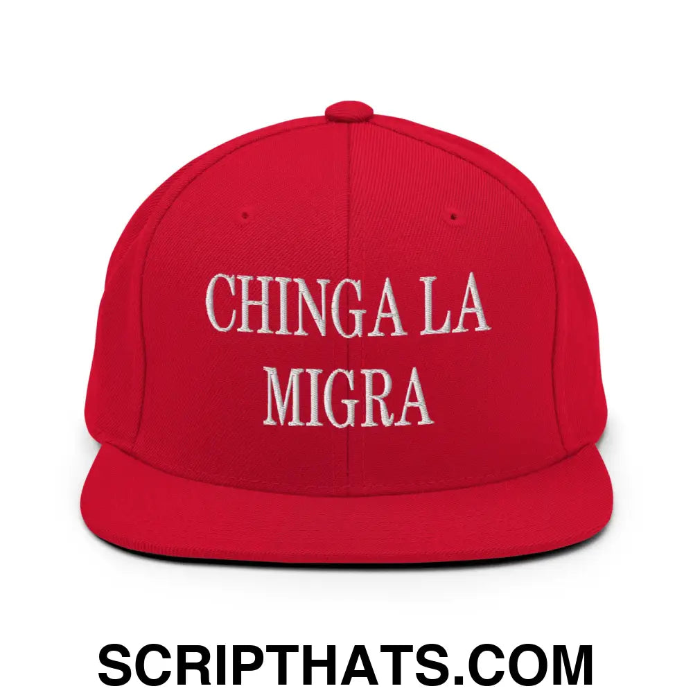 Chinga La Migra Embroidered Flat Bill Brim Snapback Hat Red