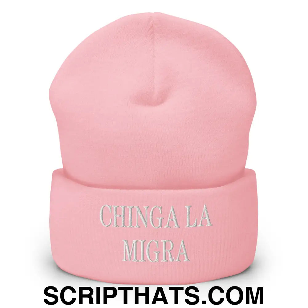 Chinga La Migra Embroidered Knit Cuffed Beanie Baby Pink