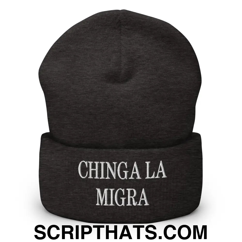 Chinga La Migra Embroidered Knit Cuffed Beanie Dark Grey