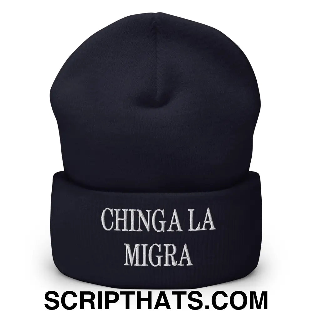 Chinga La Migra Embroidered Knit Cuffed Beanie Navy