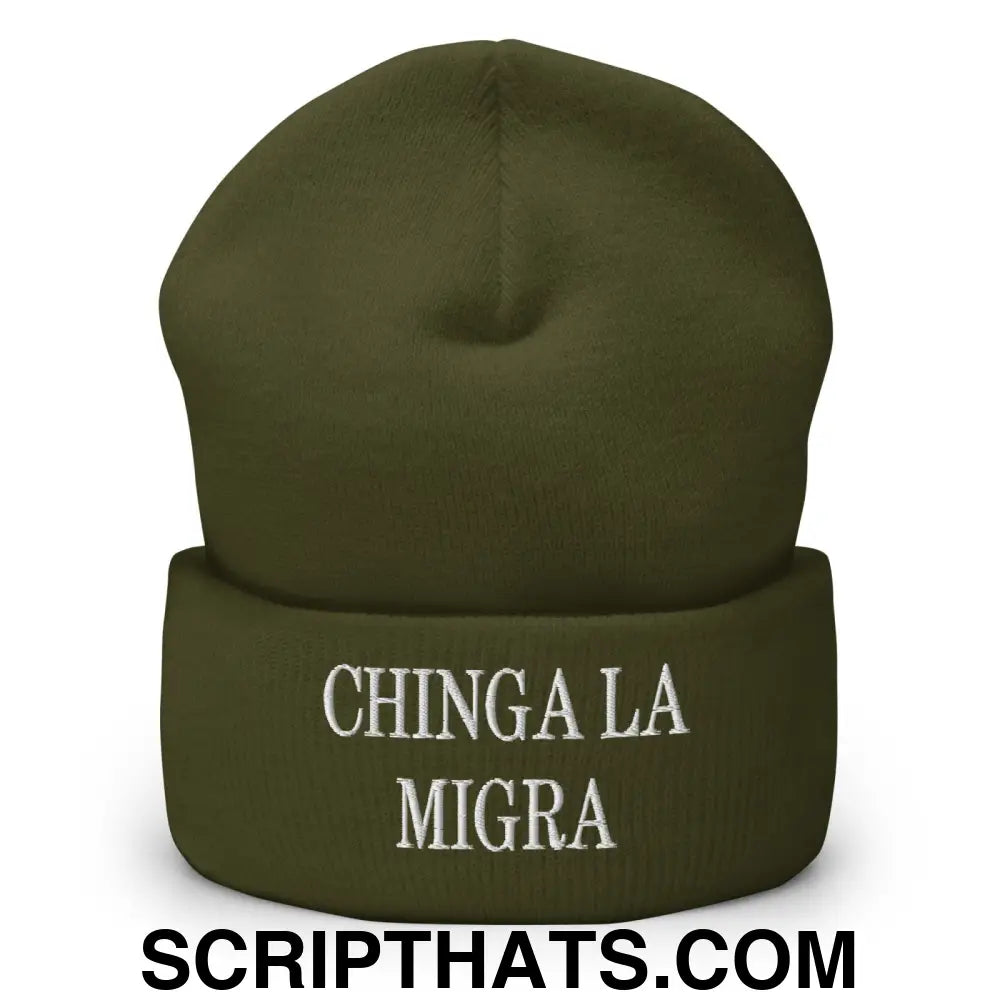 Chinga La Migra Embroidered Knit Cuffed Beanie Olive