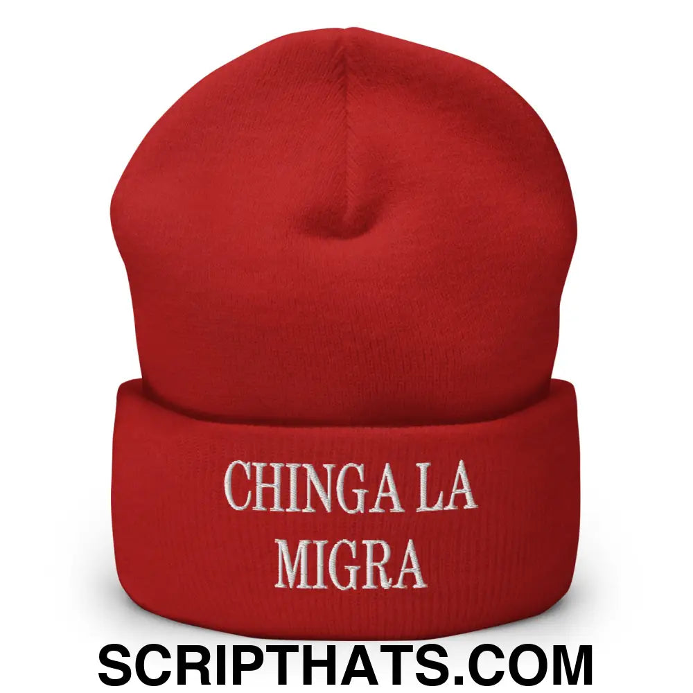 Chinga La Migra Embroidered Knit Cuffed Beanie Red