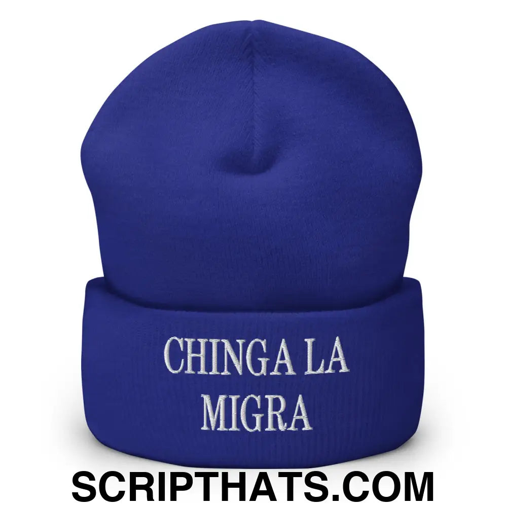 Chinga La Migra Embroidered Knit Cuffed Beanie Royal