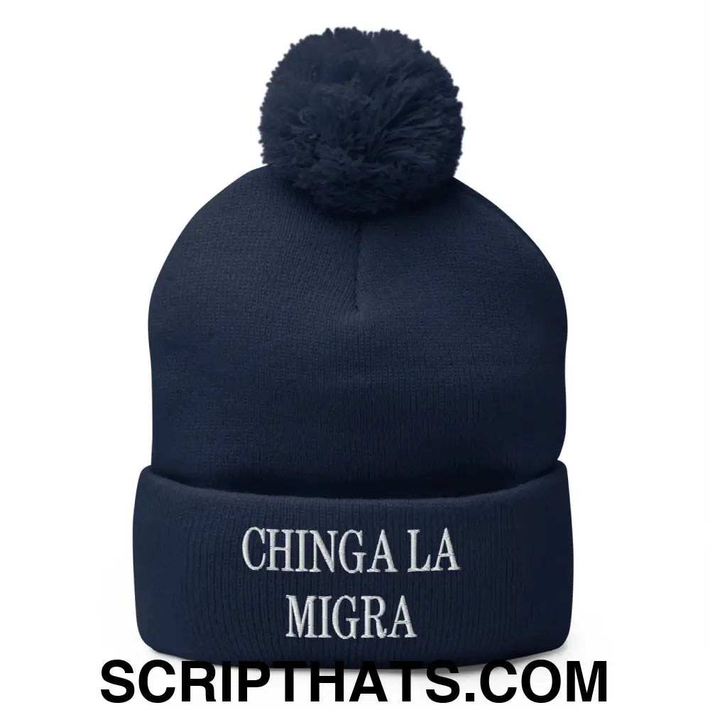 Chinga La Migra Embroidered Knit Pom Pom Beanie Navy