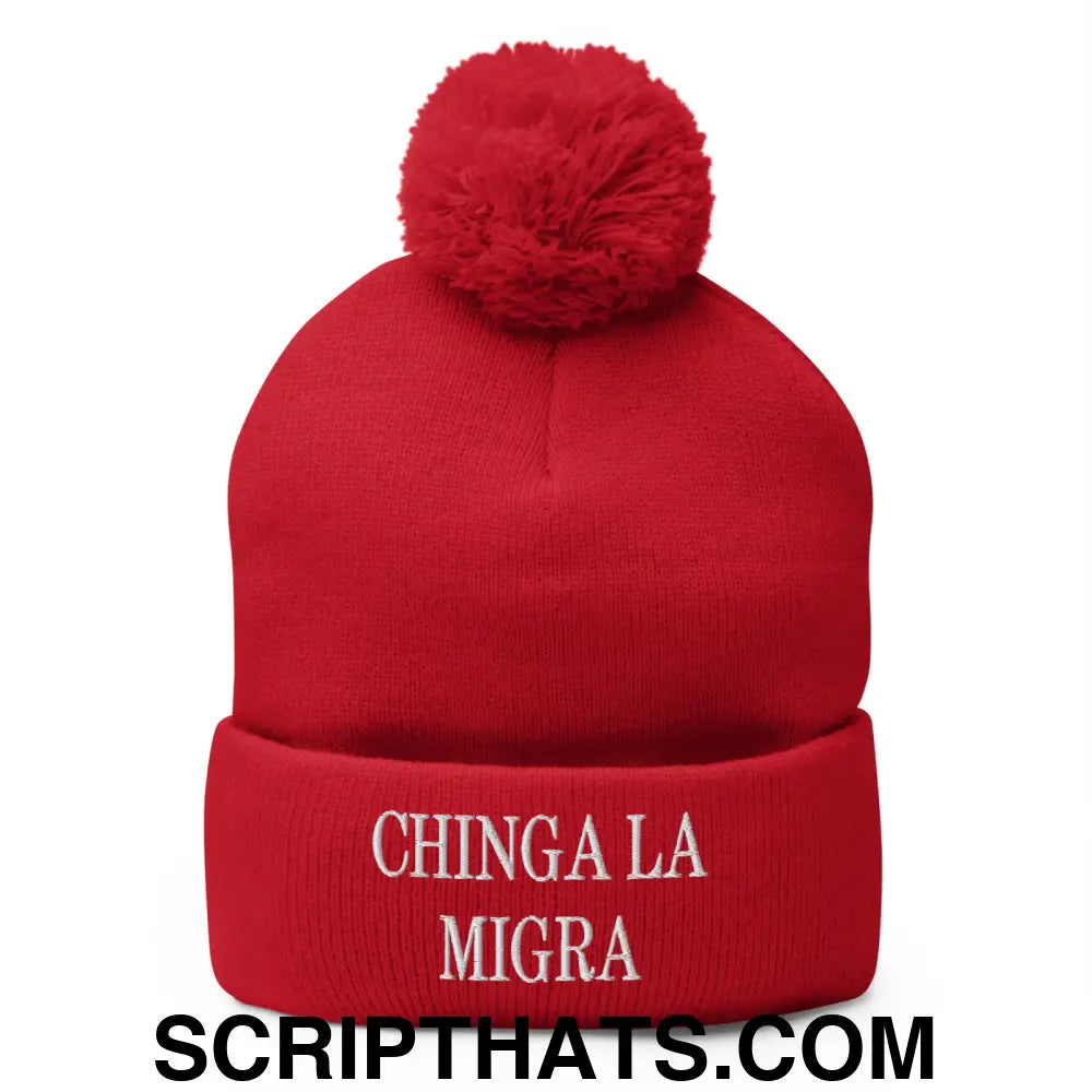 Chinga La Migra Embroidered Knit Pom Pom Beanie Red