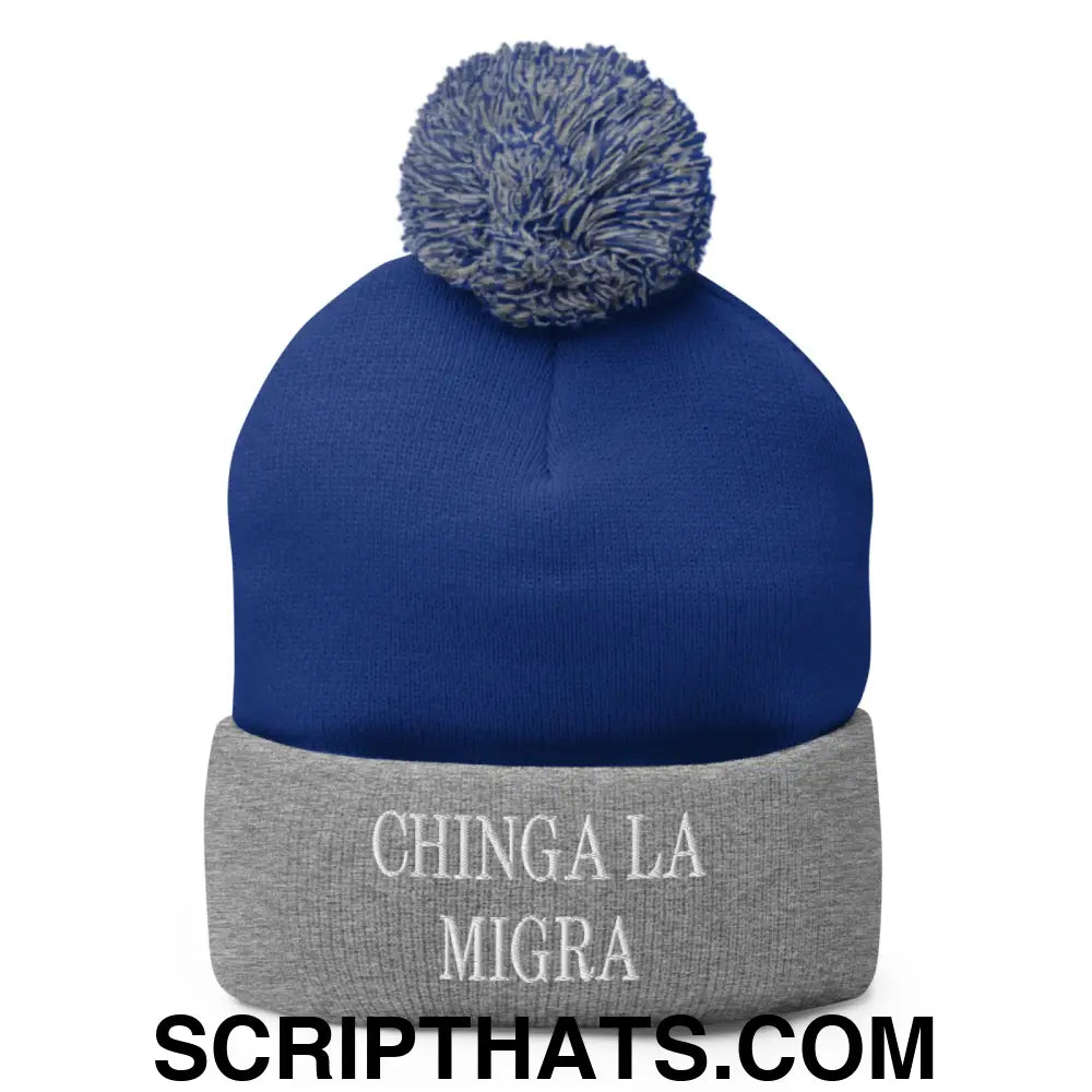 Chinga La Migra Embroidered Knit Pom Pom Beanie Royal Heather Grey