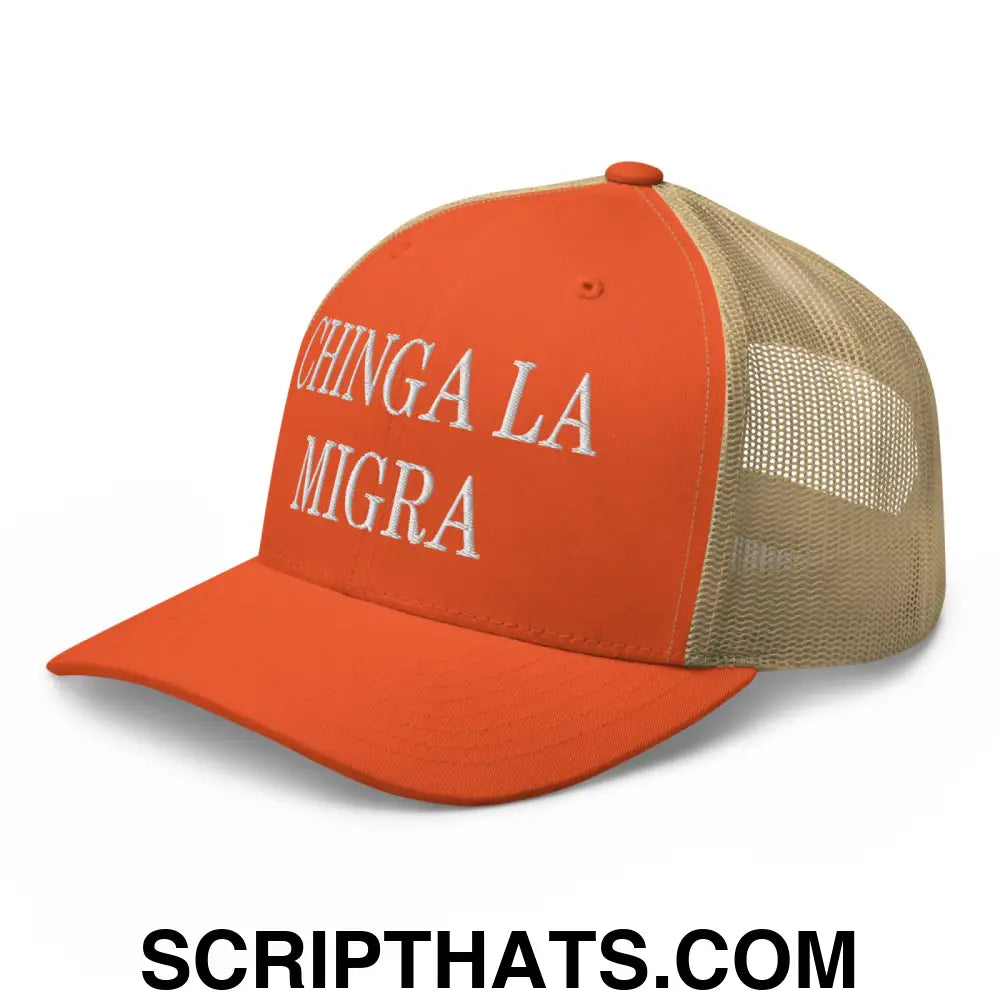 Chinga La Migra Embroidered Mesh Trucker Hat Rustic Orange Khaki