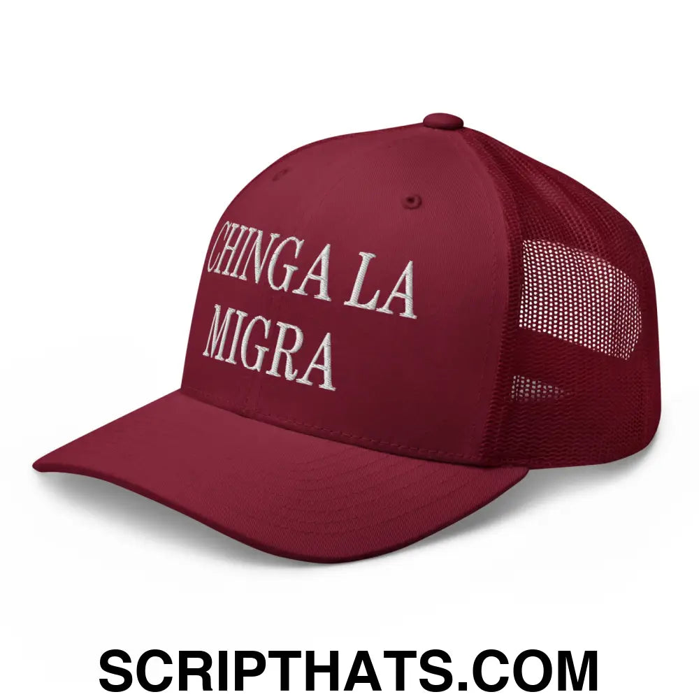 Chinga La Migra Embroidered Mesh Trucker Hat Cranberry