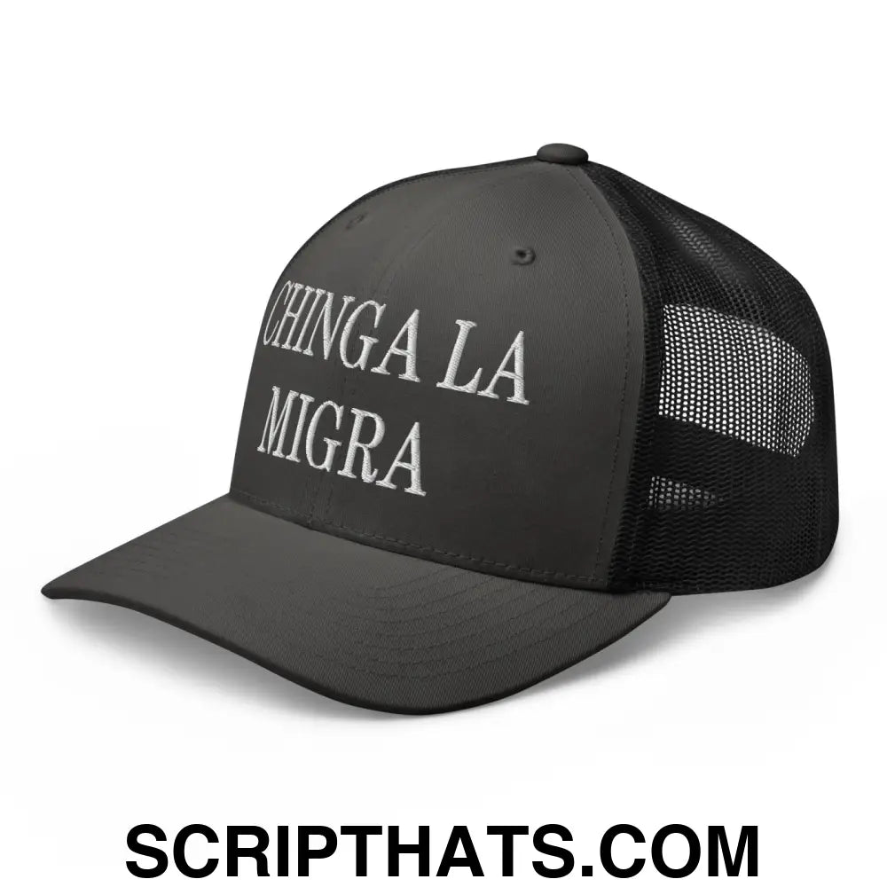 Chinga La Migra Embroidered Mesh Trucker Hat Charcoal Black