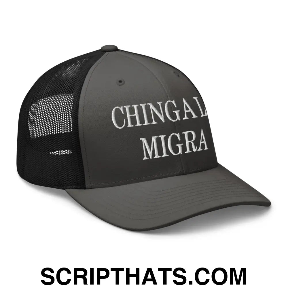 Chinga La Migra Embroidered Mesh Trucker Hat Charcoal Black