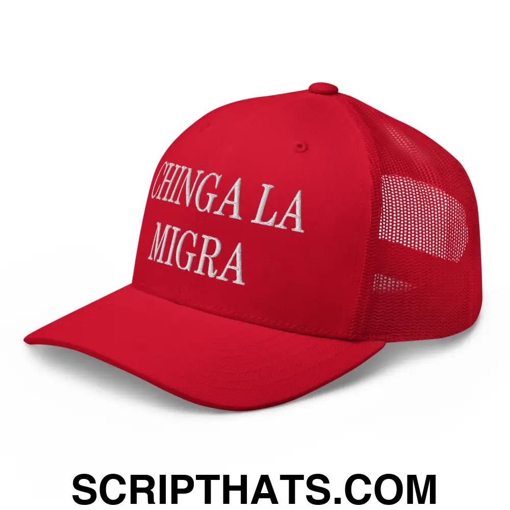 Chinga La Migra Embroidered Mesh Trucker Hat Red