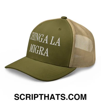 Chinga La Migra Embroidered Mesh Trucker Hat Moss Khaki