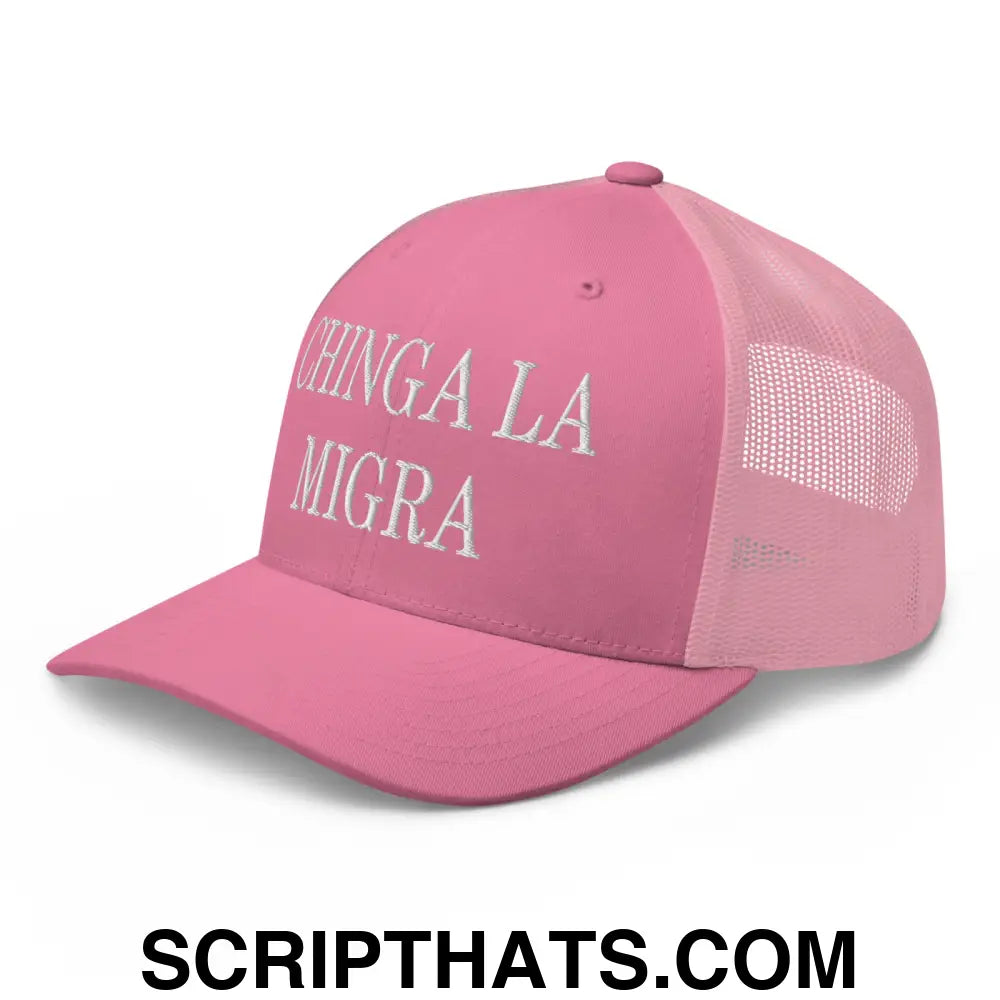 Chinga La Migra Embroidered Mesh Trucker Hat Pink