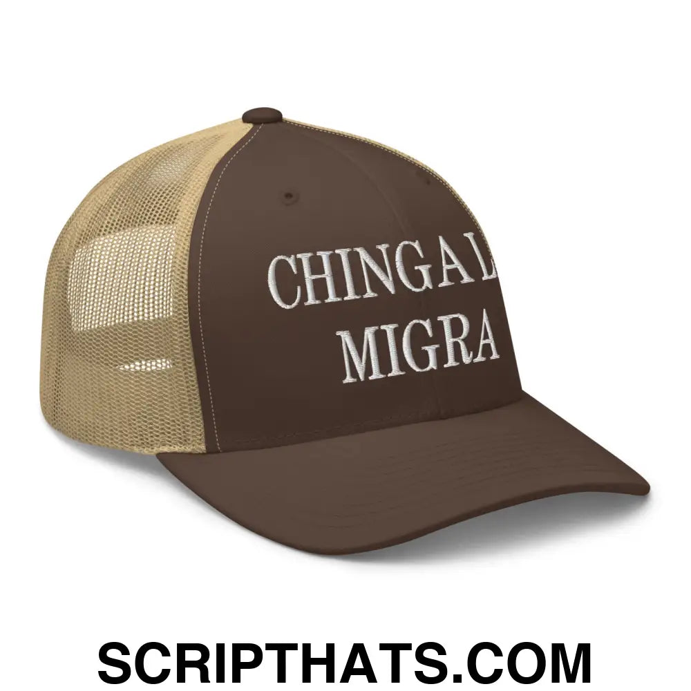 Chinga La Migra Embroidered Mesh Trucker Hat Brown Khaki