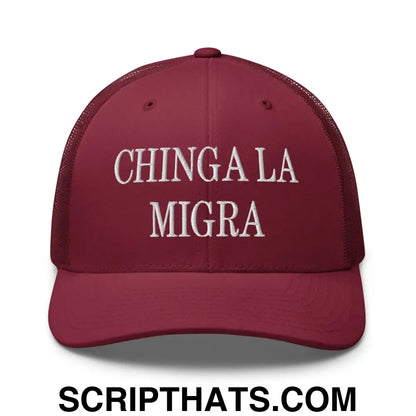 Chinga La Migra Embroidered Mesh Trucker Hat Cranberry