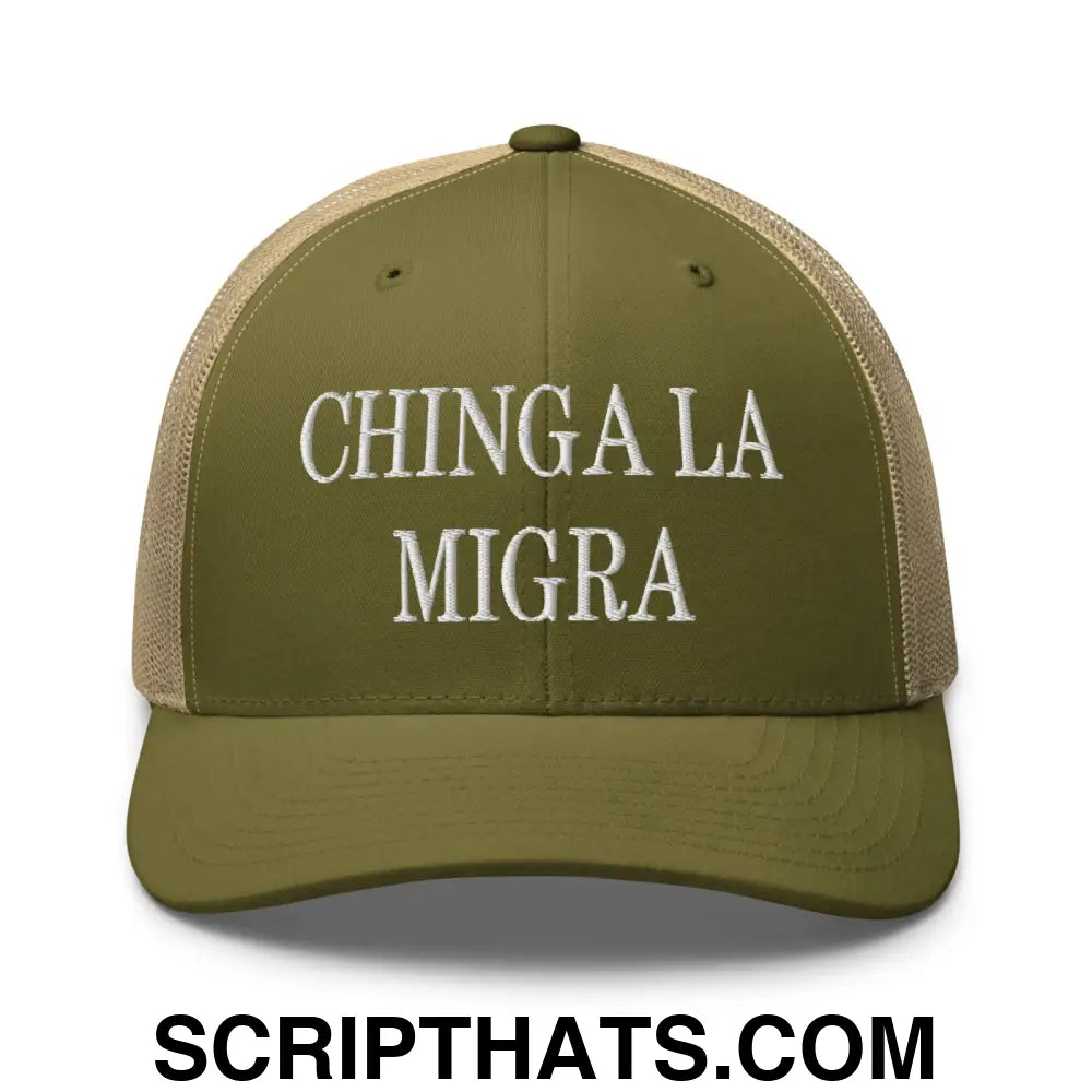 Chinga La Migra Embroidered Mesh Trucker Hat Moss Khaki