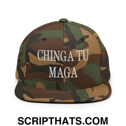 Chinga Tu MAGA Embroidered Flat Bill Brim Snapback Hat Green Camo