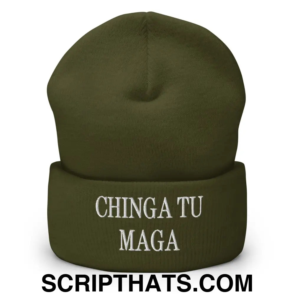 Chinga Tu MAGA Embroidered Knit Cuffed Beanie Olive