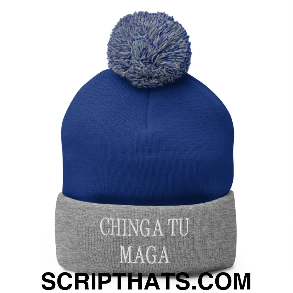 Chinga Tu MAGA Embroidered Knit Pom Pom Beanie Royal Heather Grey