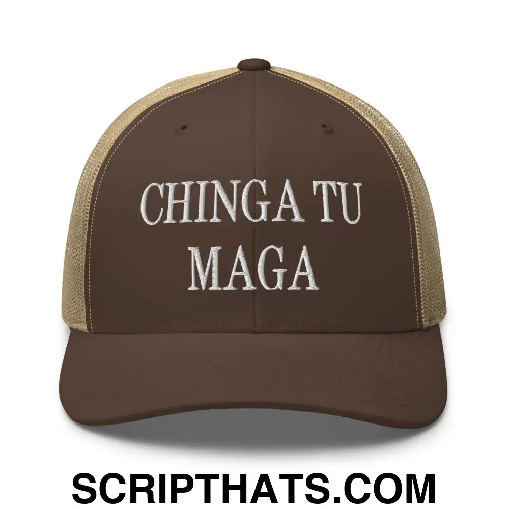 Chinga Tu MAGA Embroidered Mesh Trucker Hat Brown Khaki